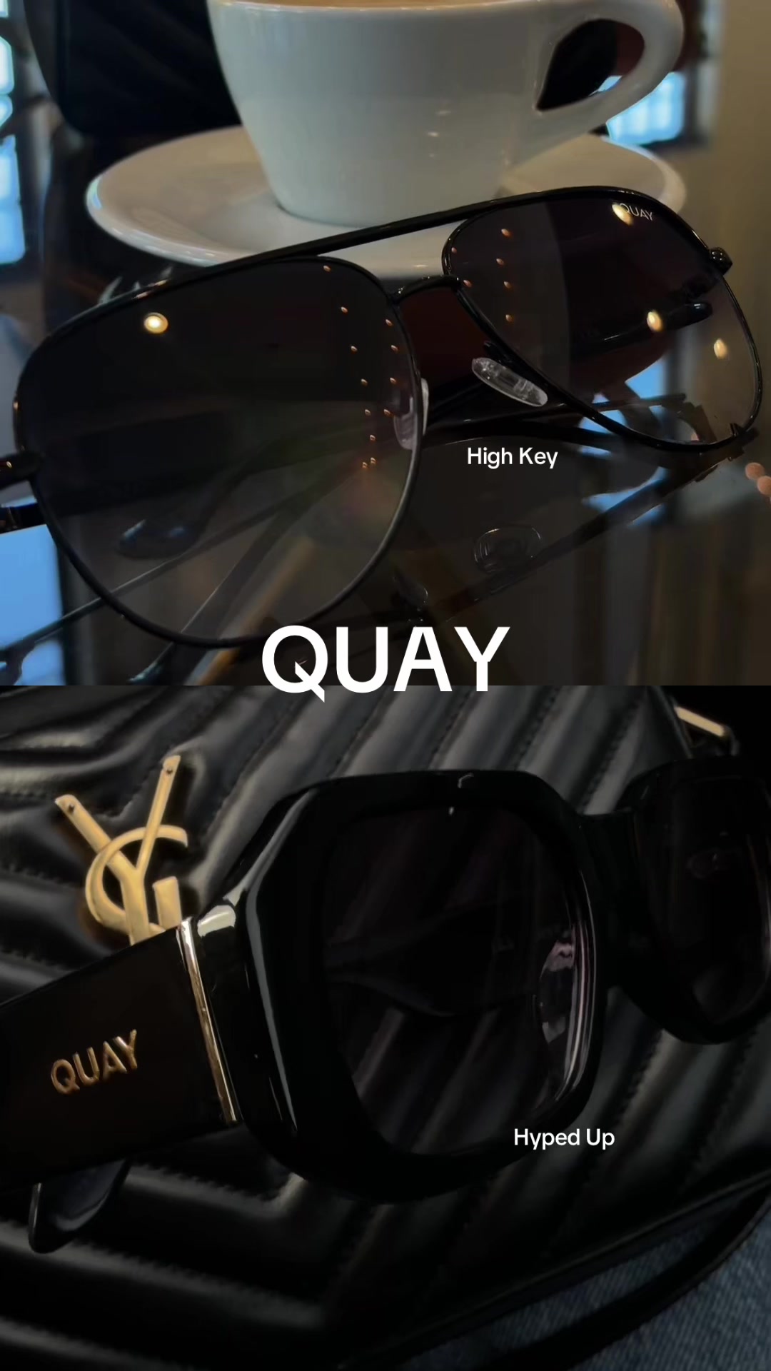 TikTok post by @trishugccreator for QUAY. Caption reads: [...] sunglasses. Links available @Quay....