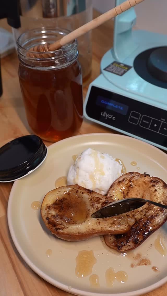 Instagram post by @_sharnise for LĒVO. Caption reads: Baked Pears drizzled with infused honey using my....