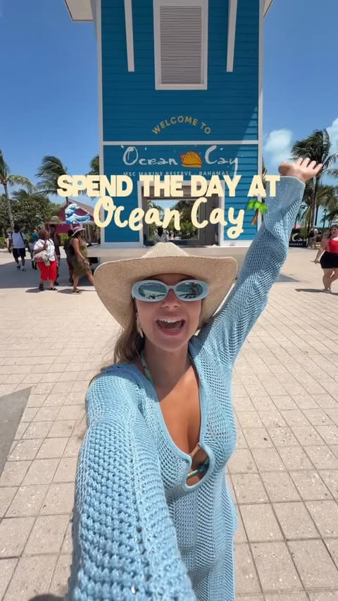 Instagram post by @elizabethelias for MSC Cruises. Caption reads: [...] is spent in paradise, Ocean Cay 🏝️🩵....