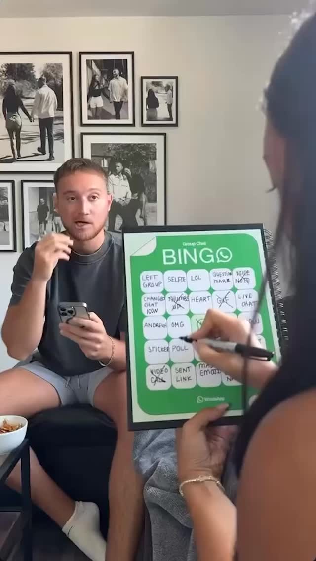 Instagram post by @calebnandrea for WhatsApp. Caption reads: the group chat is predictable, in the best way.