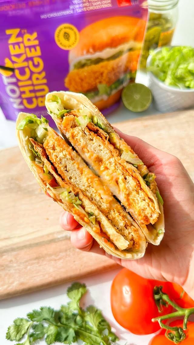 Instagram post by @that.veganbabe for NotCo. Caption reads: Buffalo Chkn Crunchwraps 🌮 with @notcocanada will....