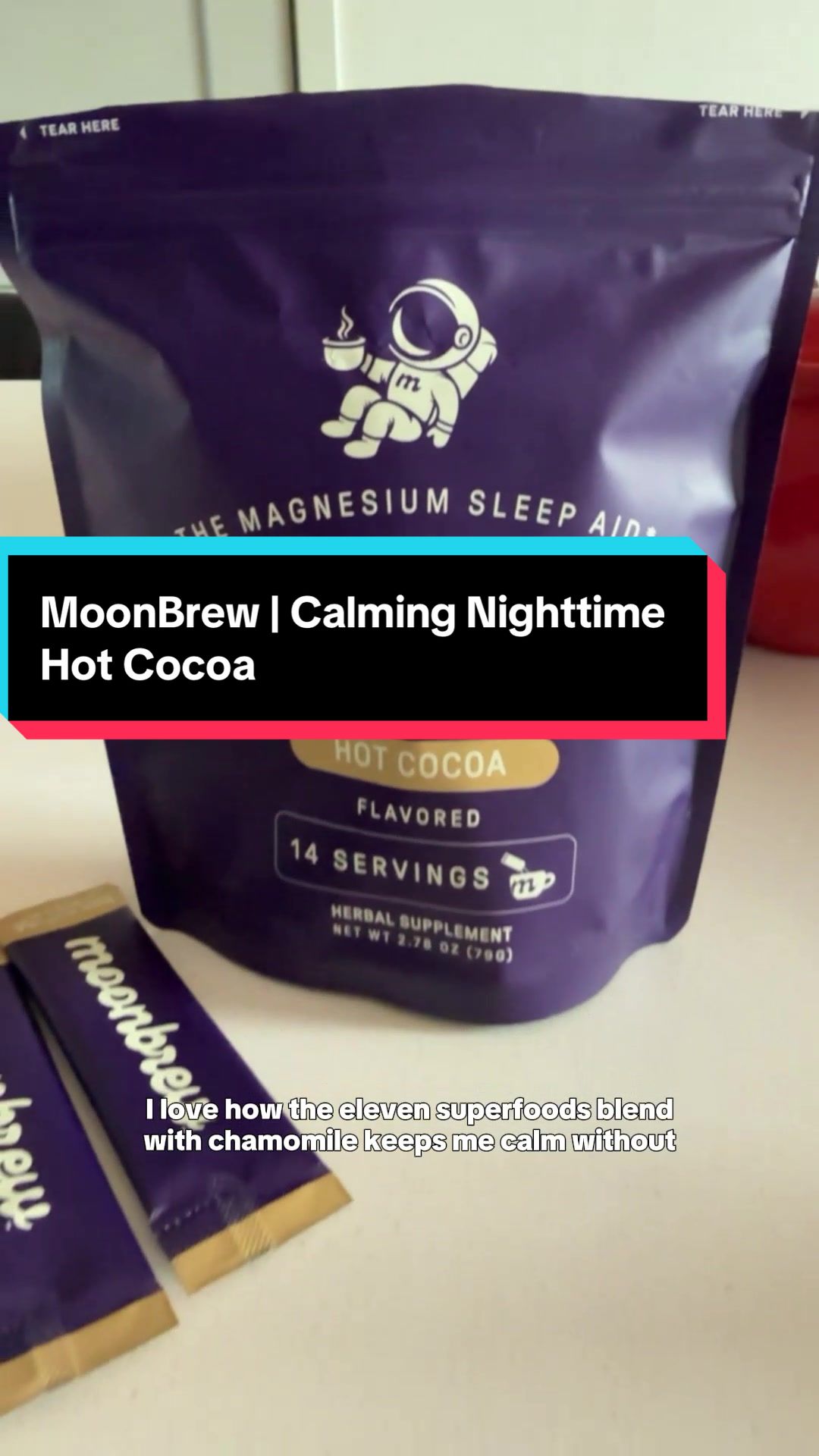 TikTok post by @baenece for MoonBrew. Caption reads: MoonBrew is a cozy, caffeine-free nighttime drink....