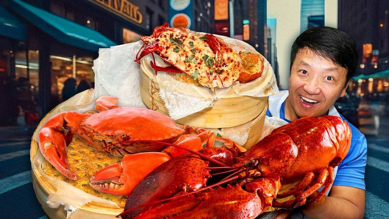 YouTube post by @strictlydumpling for Surfshark. Caption reads: INSIDE the MOST EXPENSIVE Lobster & Steak Buffet....