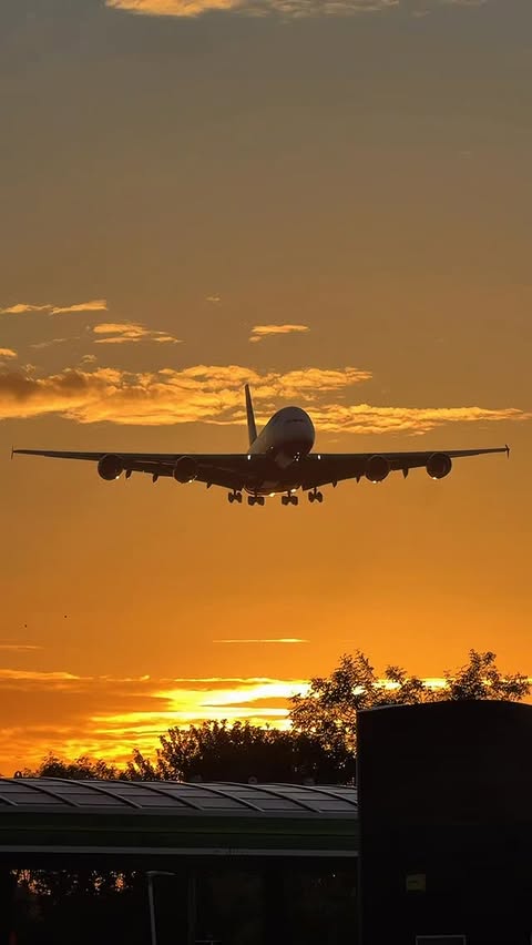 Instagram post by @elemer.aviation for British Airways. Caption reads: Airbus A380 Stunning Sunrise Arrival at Heathrow!....