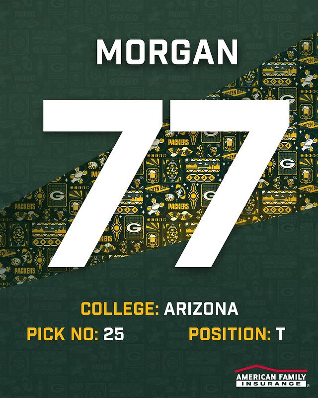 Instagram post by @j_morgan01 for American Family Insurance. Caption reads: Big No. 7️⃣7️⃣ 💪 #PackersDraft #GoPackGo.