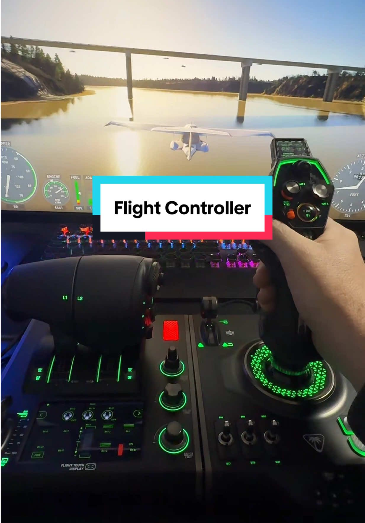 TikTok post by @the.reel.family.shop for Newegg. Caption reads: [...] #flightsim #simulator #pcgaming #gaming....