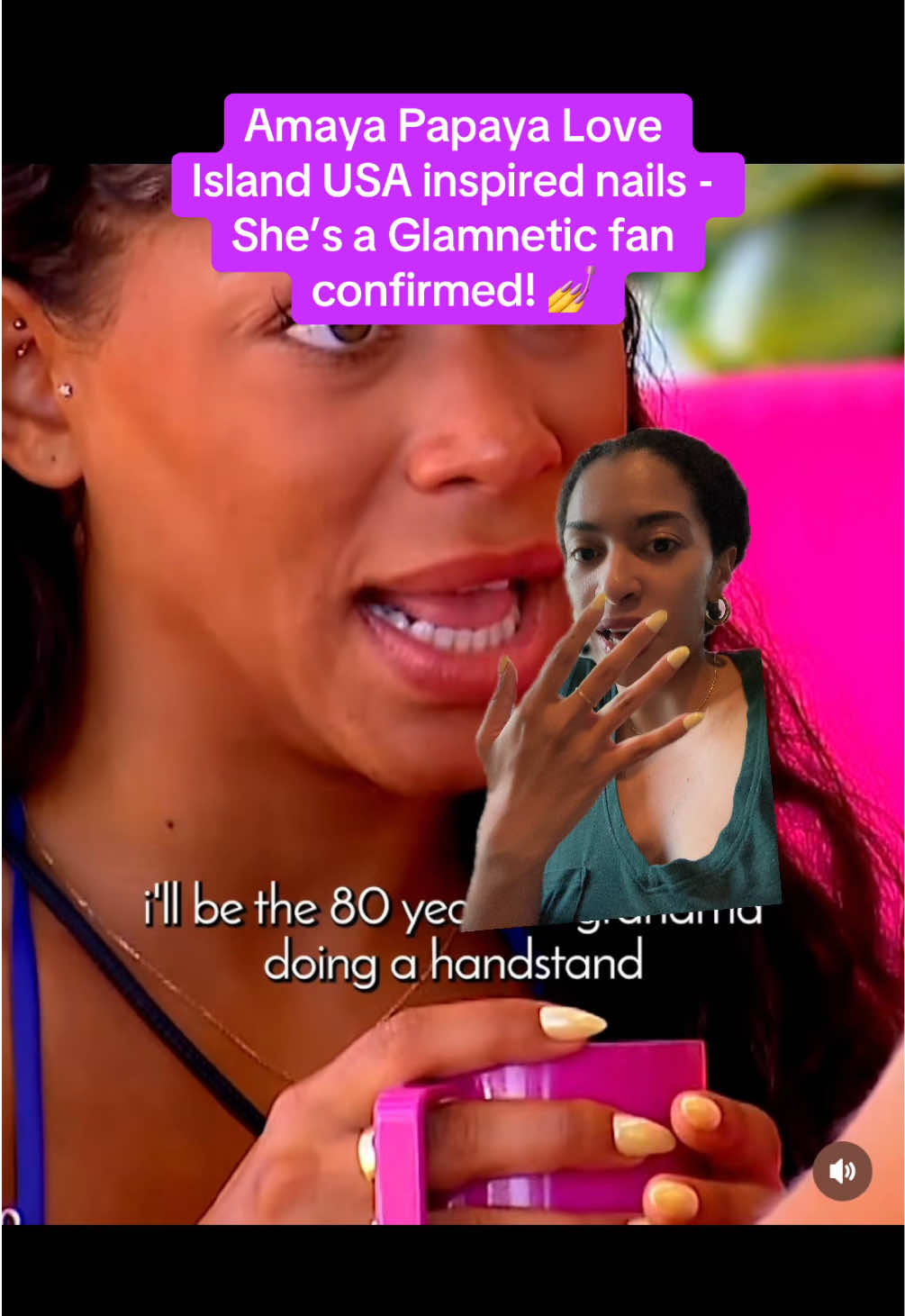 TikTok post by @stephanie_helena for Glamnetic. Caption reads: Amaya Papaya core 💅💛 @Glamnetic #loveislandusa....