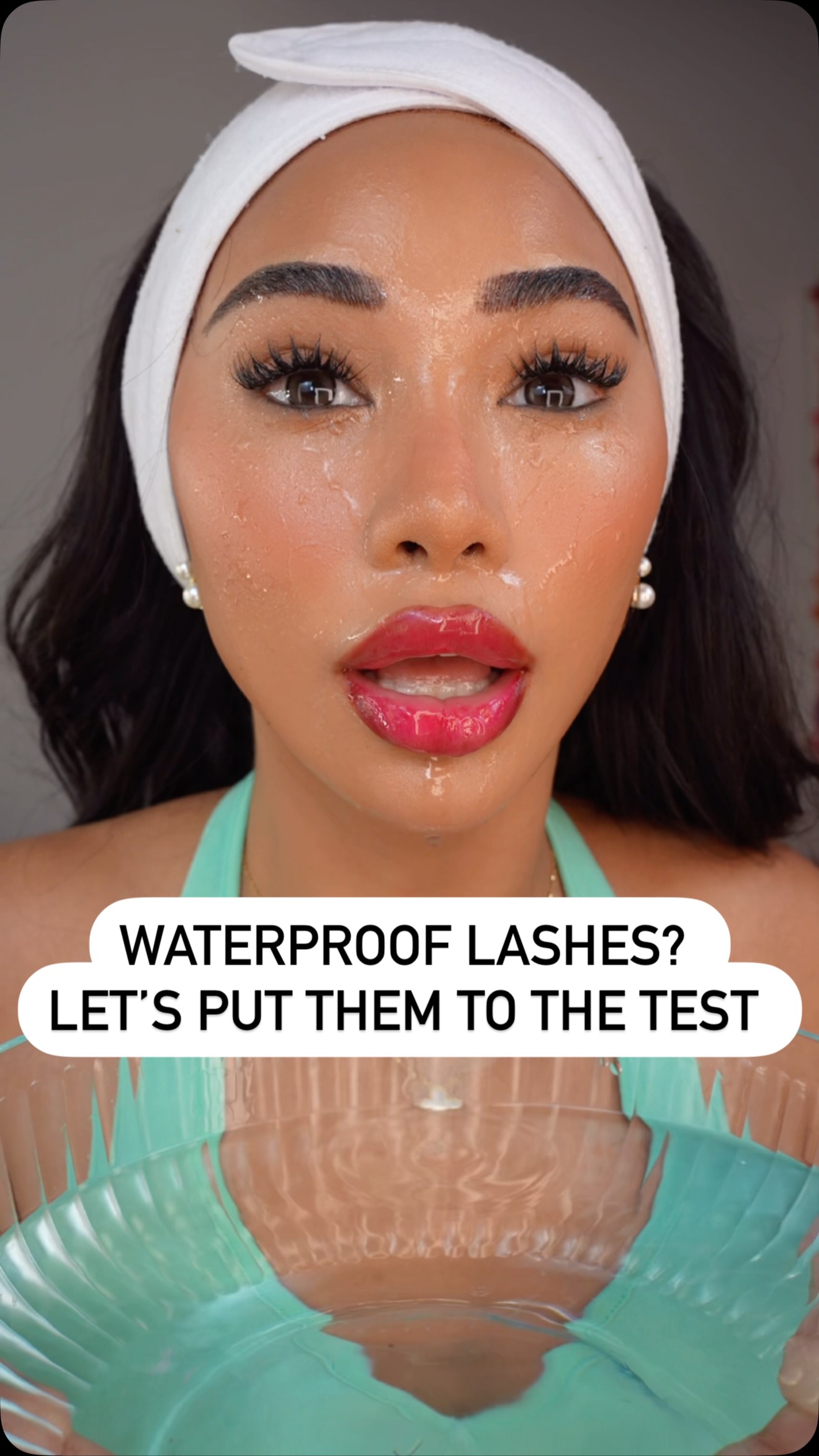 Instagram post by @thefashionfreakk for Ivy Beauty. Caption reads: WATERPROOF lashes?? Let’s DUNK ‘em and see😅 I put....