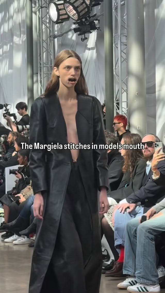 Instagram post by @ideservecouture for Maison Margiela. Caption reads: The @maisonmargiela stitches in models mouth.