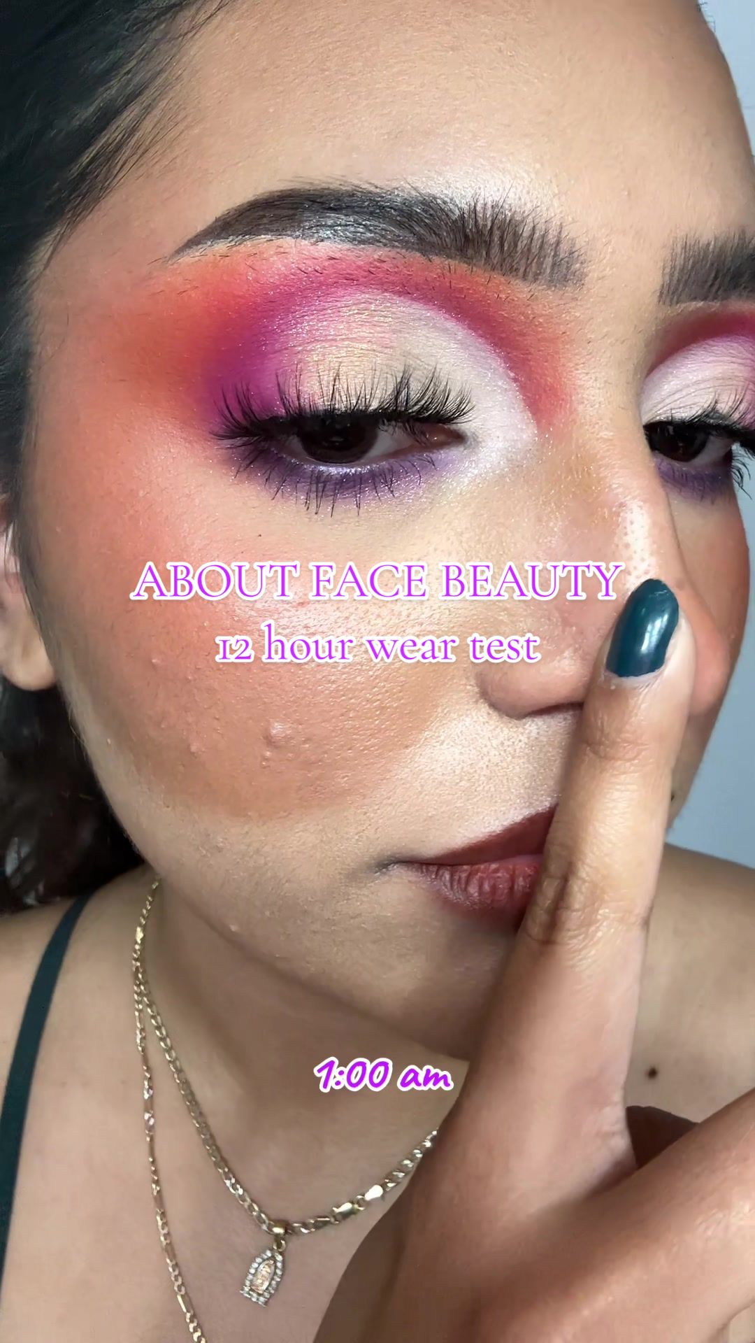 TikTok post by @nemrac_makeup for About-face Beauty. Caption reads: [...] and it held up  beautifully 🤭 @about-face....