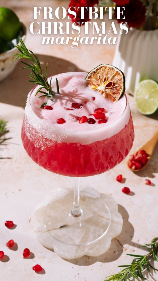 Instagram post by @thesocialsipper for Caraway Home. Caption reads: FROSTBITE CHRISTMAS MARGARITA ❄️

had so much fun....