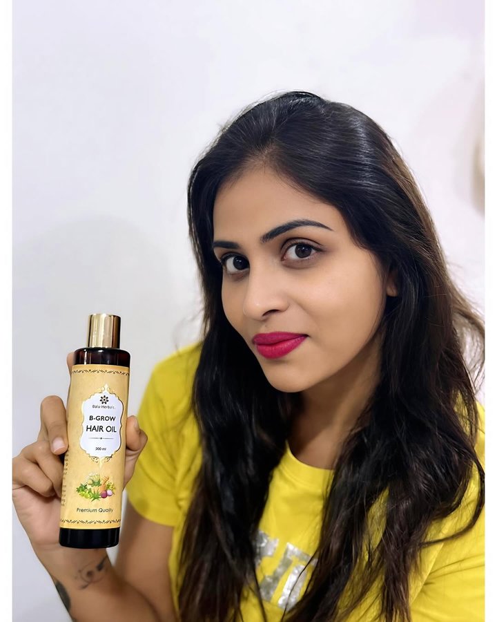 Instagram post by @bujjiactress2131 for Balu Herbals. Caption reads: Meet our best hair care duo kit : B Grow Hair Oil....