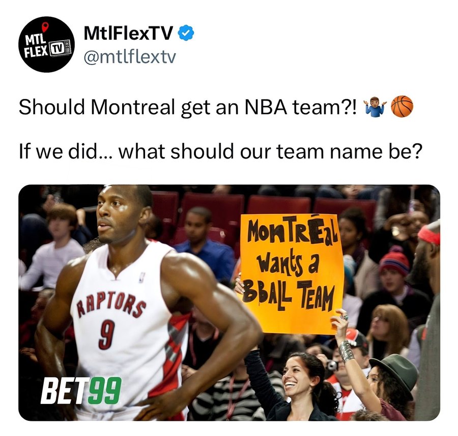 Instagram post by @mtlflextv for BET99 Sportsbook & Casino. Caption reads: Would y’all be down for an NBA team in Montreal?....