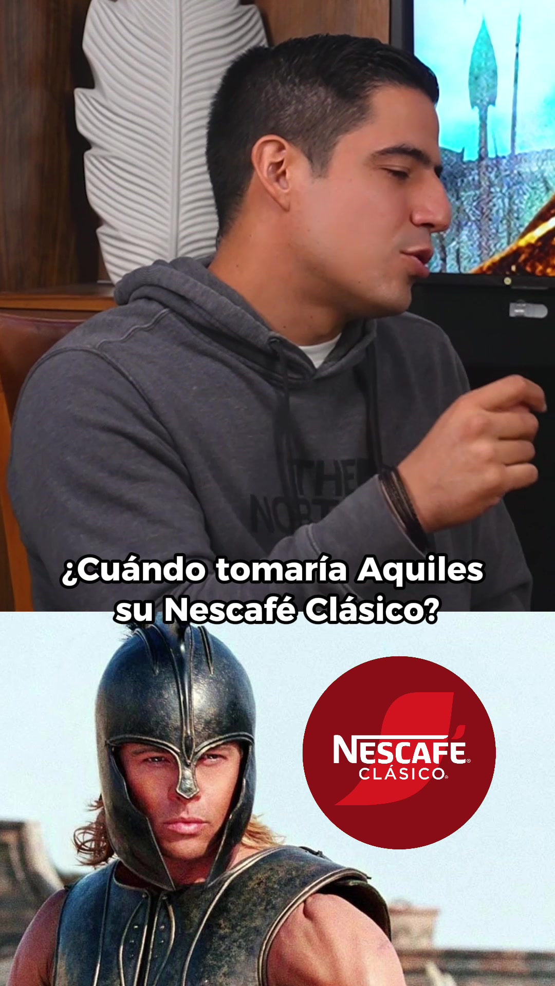 TikTok post by @ficcionando for NESCAFÉ México. Caption reads: ¿Antes de qué batalla de Troya, Aquiles tomaría su....