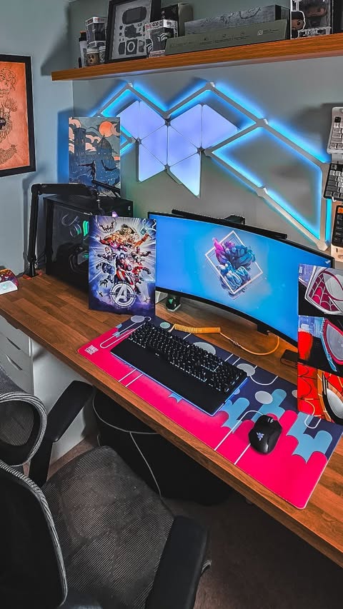 Instagram post by @lambshish for Displate. Caption reads: [...] setup needs some sleek artwork from....