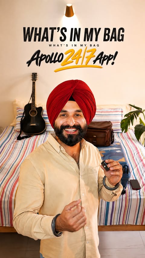 Instagram post by @the_colorful_singh for Apollo 24x7. Caption reads: Comment ‘Apollo’ for link! Packing for a trip is....