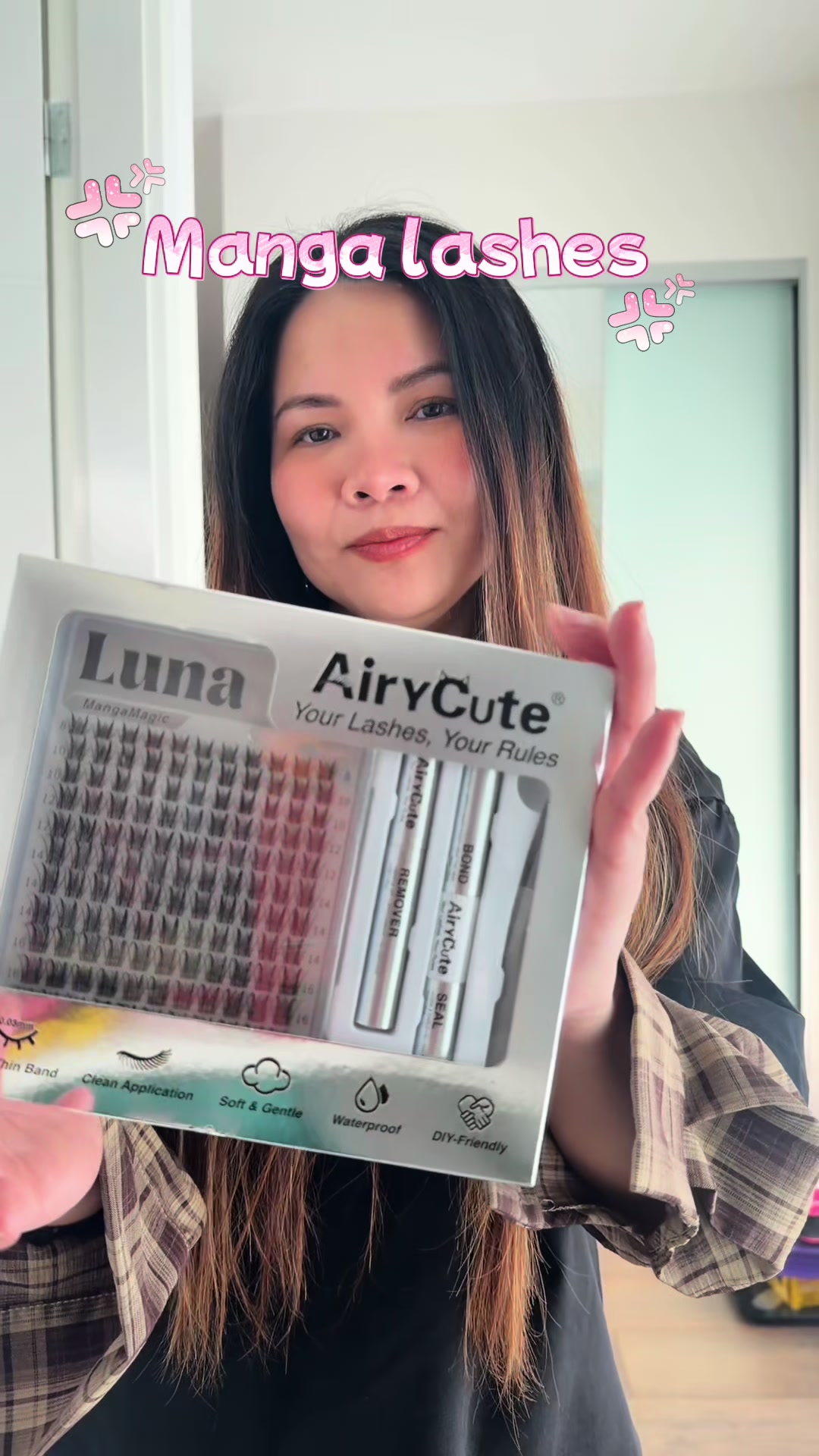 TikTok post by @lifewithkaydeeg for AiryCute Beauty. Caption reads: [...] #airycutelash #lashestutorial @AiryCute....