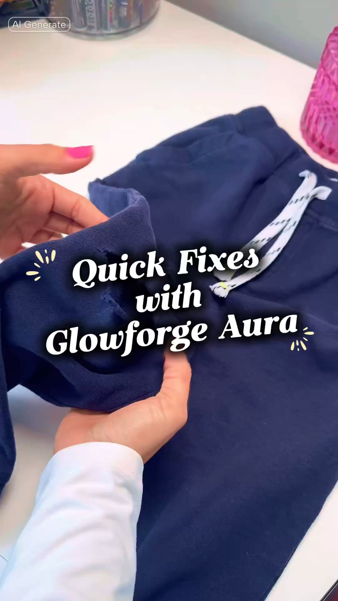 Instagram post by @fabidesignstudio for Glowforge. Caption reads: 🧵👟Ripped joggers? No stress — Fabi’s got the....