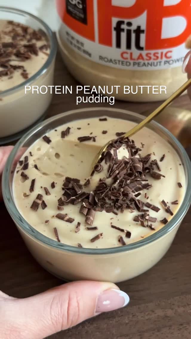 Instagram post by @lovelydelites for PBfit. Caption reads: PROTEIN PEANUT BUTTER PUDDING (no cottage cheese)....