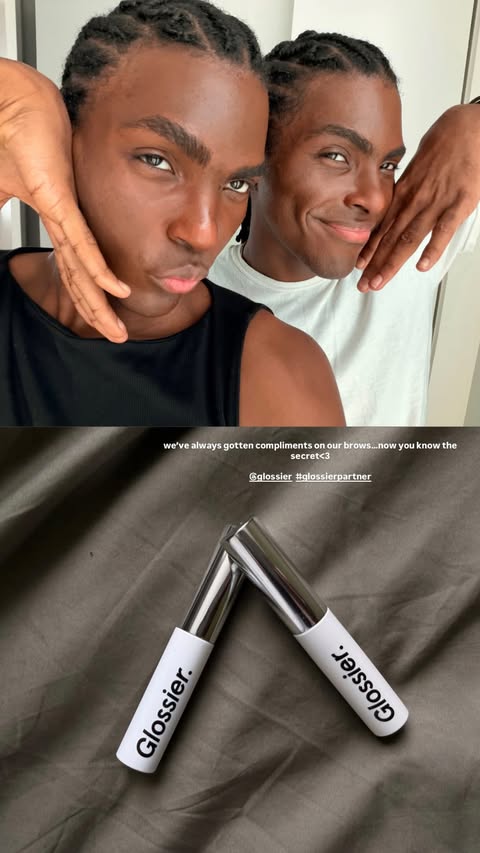 Instagram post by @atanga.twins for Glossier. Caption reads: sooo ready for the warm weather. @glossier....