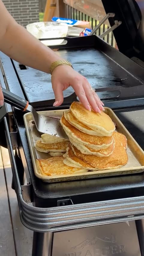 Instagram post by @hayherridge for Traeger Grills. Caption reads: [...] in the morning 🥞🥓☀️ #gifted @traegergrills....