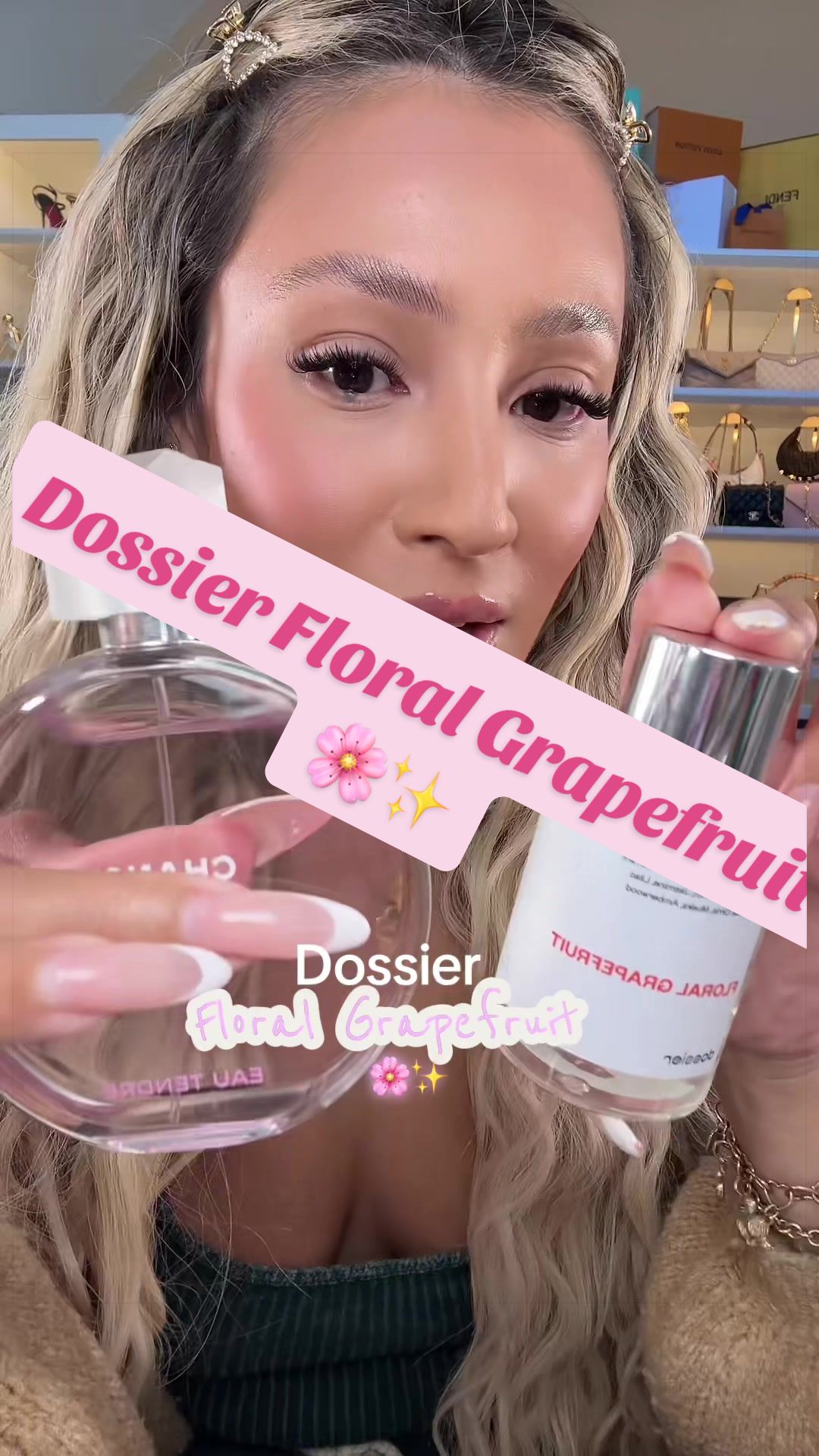 TikTok post by @giniglow for Dossier. Caption reads: 🌸✨Dossier Floral Grapefruit✨#dossier [...].