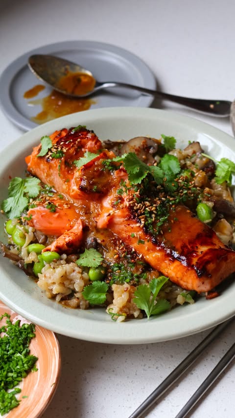 Instagram post by @melies_kitchen for Panasonic New Zealand. Caption reads: Glossy miso mushroom rice, golden seared salmon....