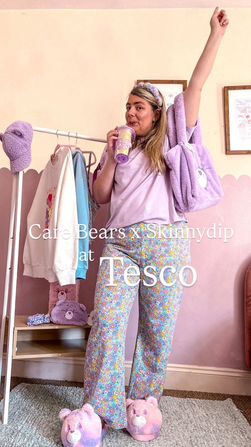 Instagram post by @the.southend.mummy for Skinnydip London. Caption reads: [...] Skinnydip at Tesco 🐻💕 @carebears....