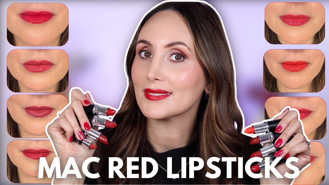 YouTube post by @CarmelNicoleBeauty for Banish. Caption reads: Top MAC Red Lipsticks | Swatches + Try-On!.