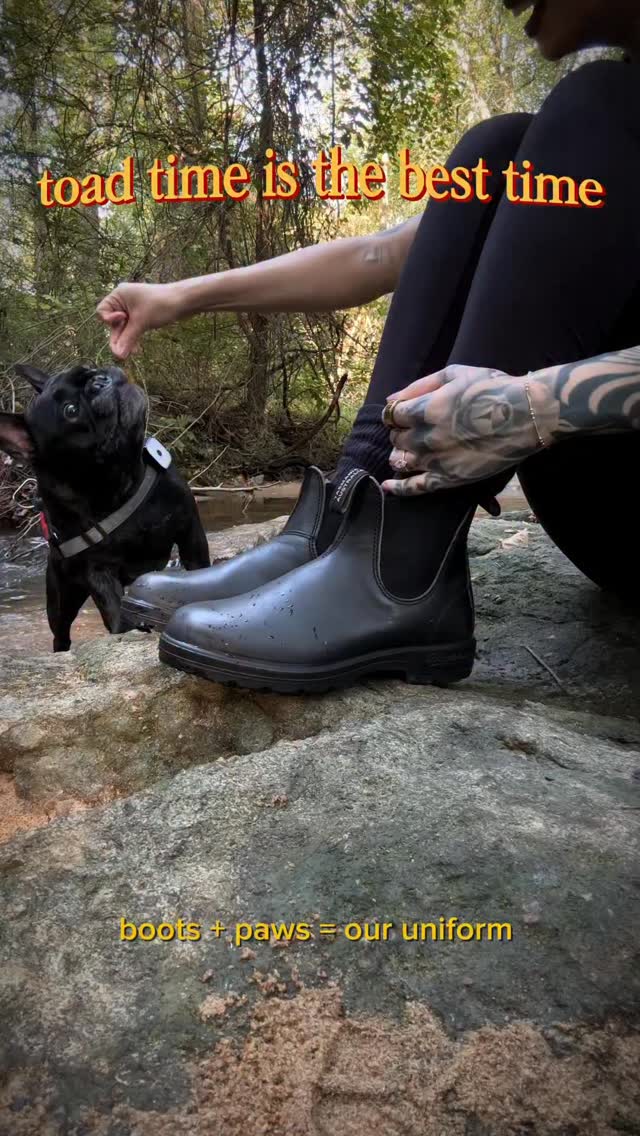 Instagram post by @chelseyceja for Blundstone. Caption reads: Toads favorite past time is fishing for leaves in....