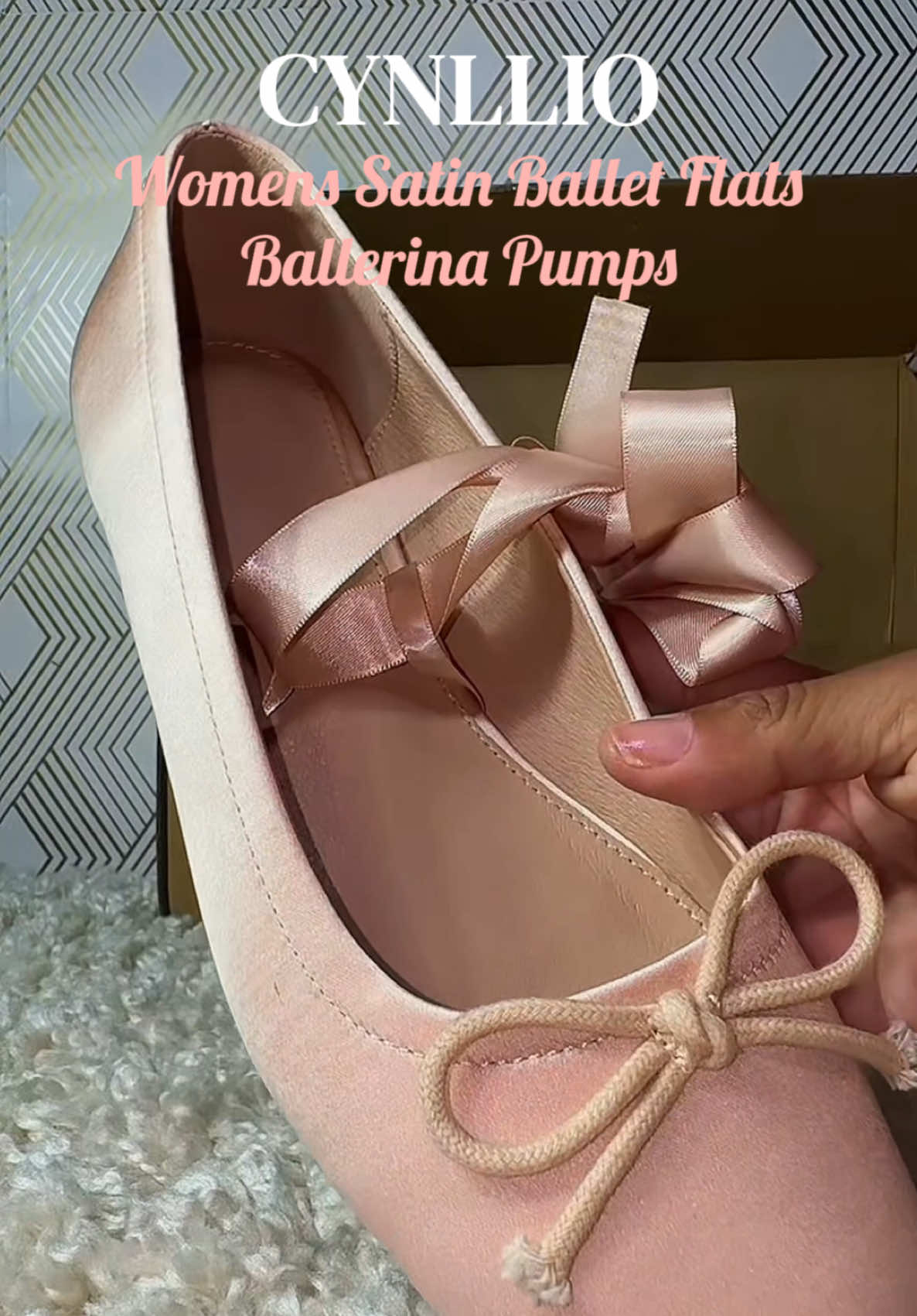 TikTok post by an influencer for Rivora Shoes. Caption reads: CYNLLIO Womens Satin Ballet Flats Closed Square....