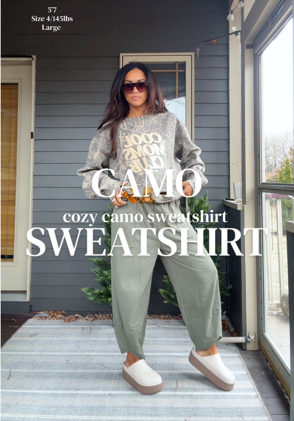 TikTok post by @danap528 for United Monograms. Caption reads: @United Monograms cool moms crewneck camo....