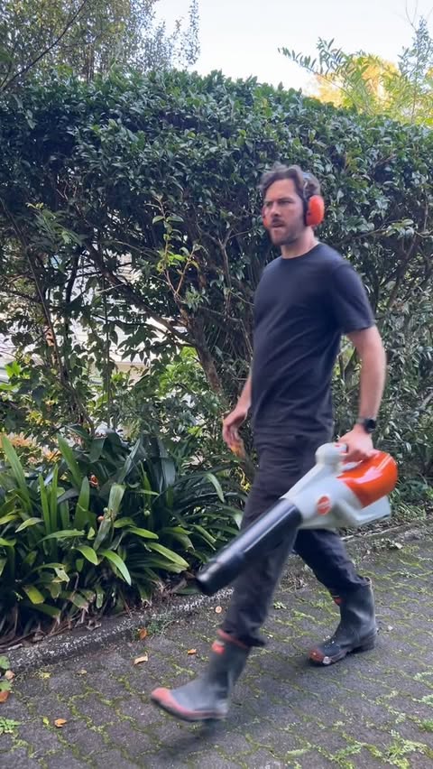 Instagram post by @clintstagramm for STIHL. Caption reads: Come with me to pick a new STIHL blower - battery....