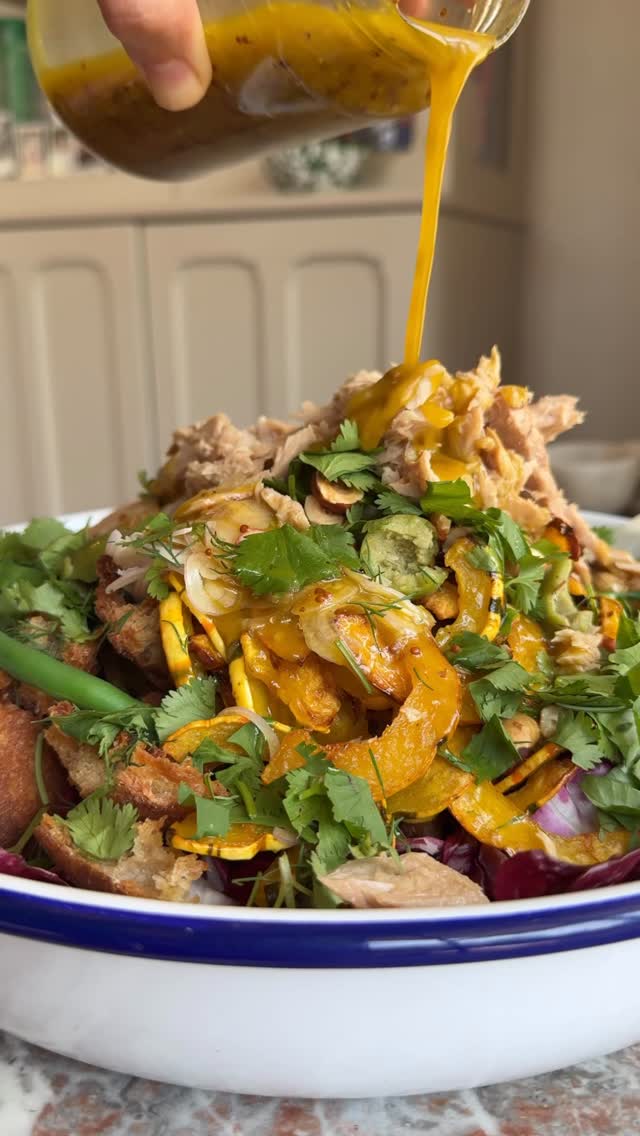 Instagram post by @saturdaytable for Wild Planet Foods. Caption reads: Autumn panzanella with homemade croutons,....