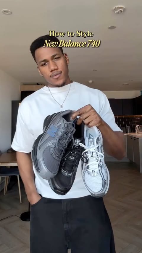 Instagram post by @kunmibalogun for JD Sports. Caption reads: How to style the New Balance 740 with @jdsports....