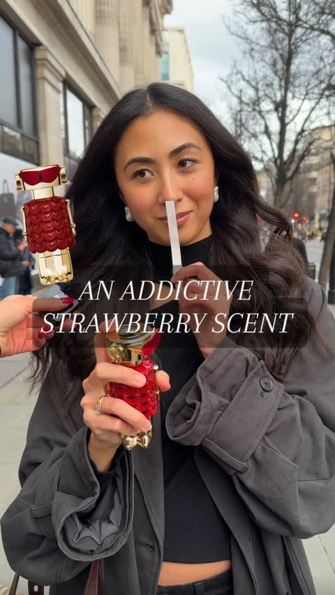 Instagram post by @the___gloss for rabanne. Caption reads: [...] addictive fragrance 🍓✨ Fame in Love by....