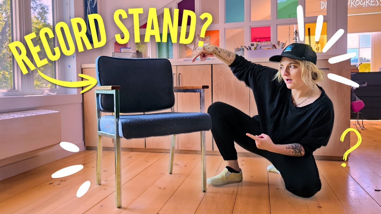 YouTube post by @diyinprogress for ISOtunes. Caption reads: i turn a $10 chair into a record player stand |....