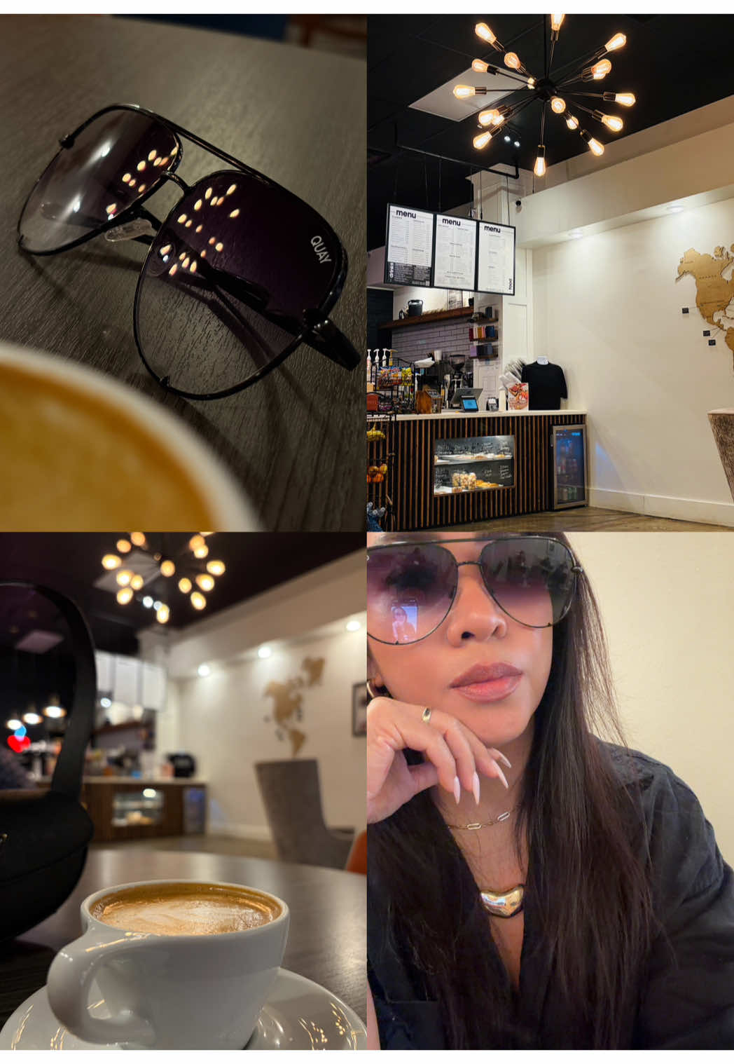 TikTok post by @trishugccreator for QUAY. Caption reads: Coffee-fueled. @Quay.