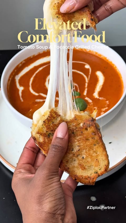 Instagram post by @foodandfellowship_ for Ziploc. Caption reads: #ZiplocPartner Tomato Basil Soup & Grilled [...].