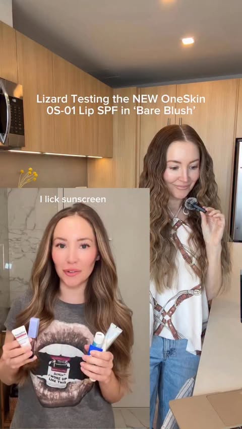 Instagram post by @jillian.gottlieb for OneSkin. Caption reads: @oneskin.co NEW lip spf is Lizard Test approved!....