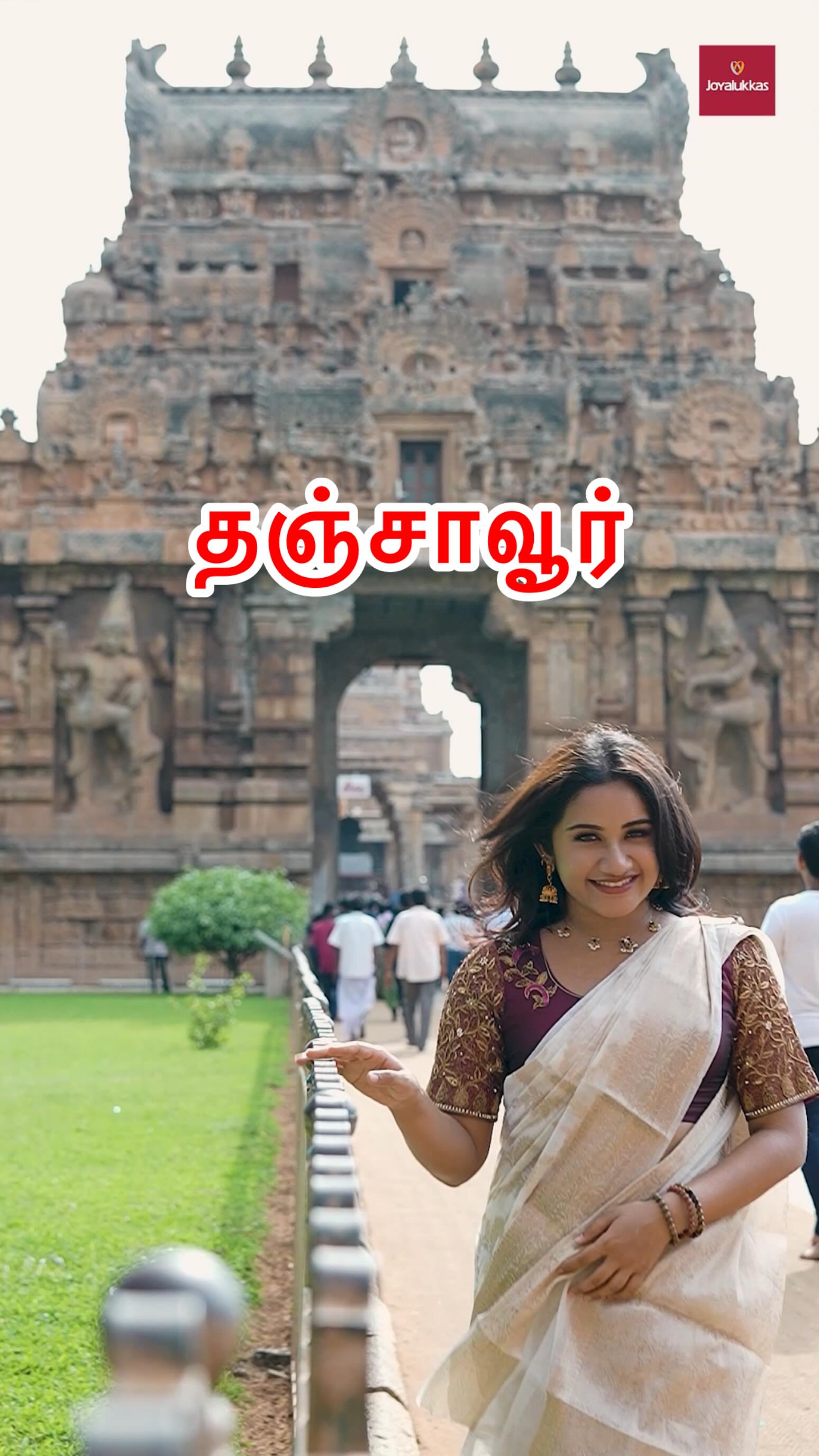 Instagram post by @im_raveena_daha for Joyalukkas. Caption reads: Temple town just turned jewellery town!....