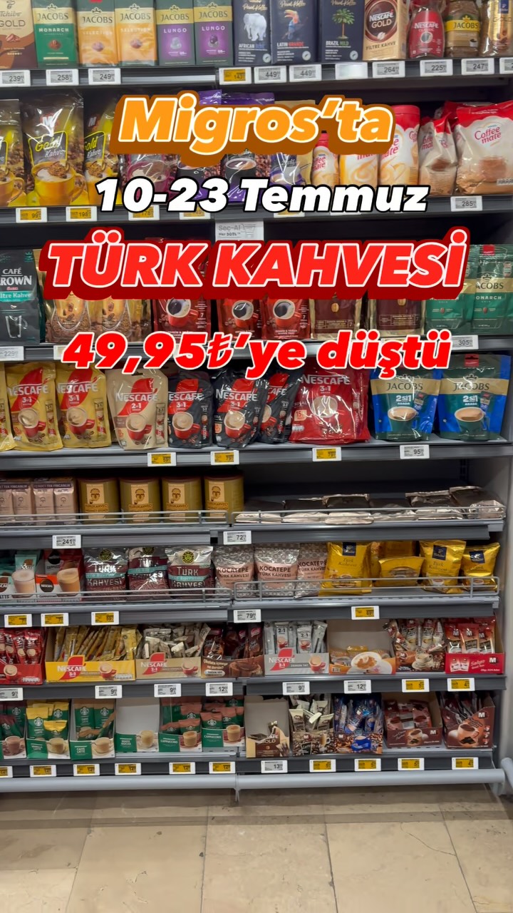 Instagram post by @indirimkovalayankizkardesler for Migros. Caption reads: migrosta Kocatepe Türk kahvesi 49,95 TL’ye düştü....