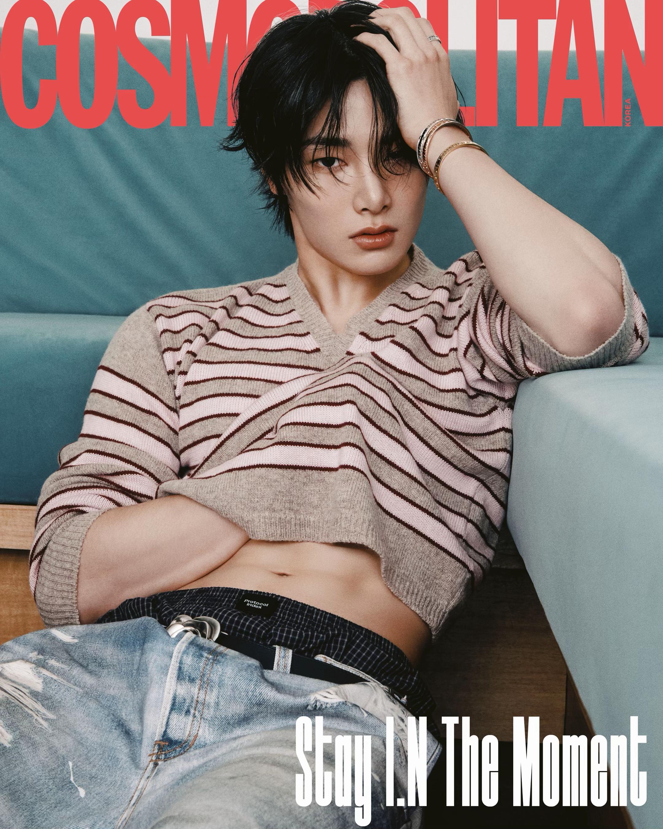 TikTok post by @cosmopolitan_kr for Stray Kids. Caption reads: The dazzling moments of Stray Kids I.N, the star....