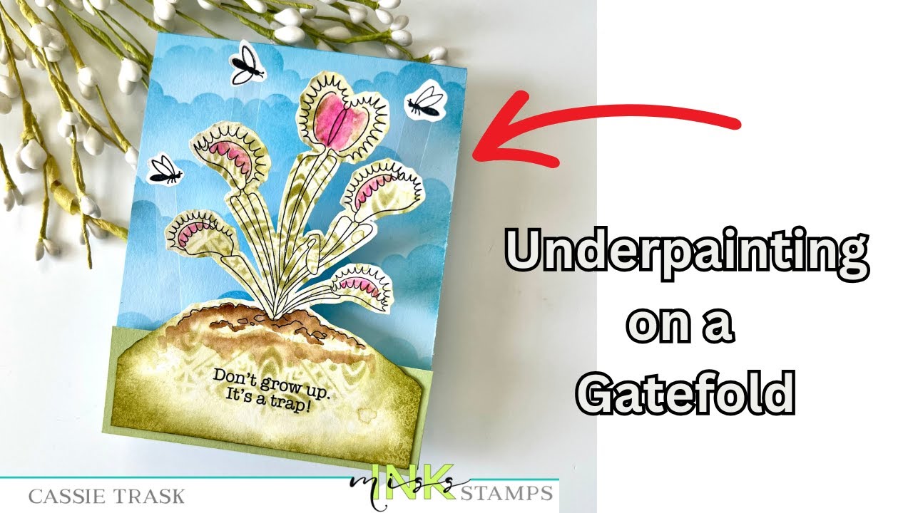 YouTube post by @cassietrask for Ranger Ink. Caption reads: Underpainting and a Gatefold Card with Miss Ink....