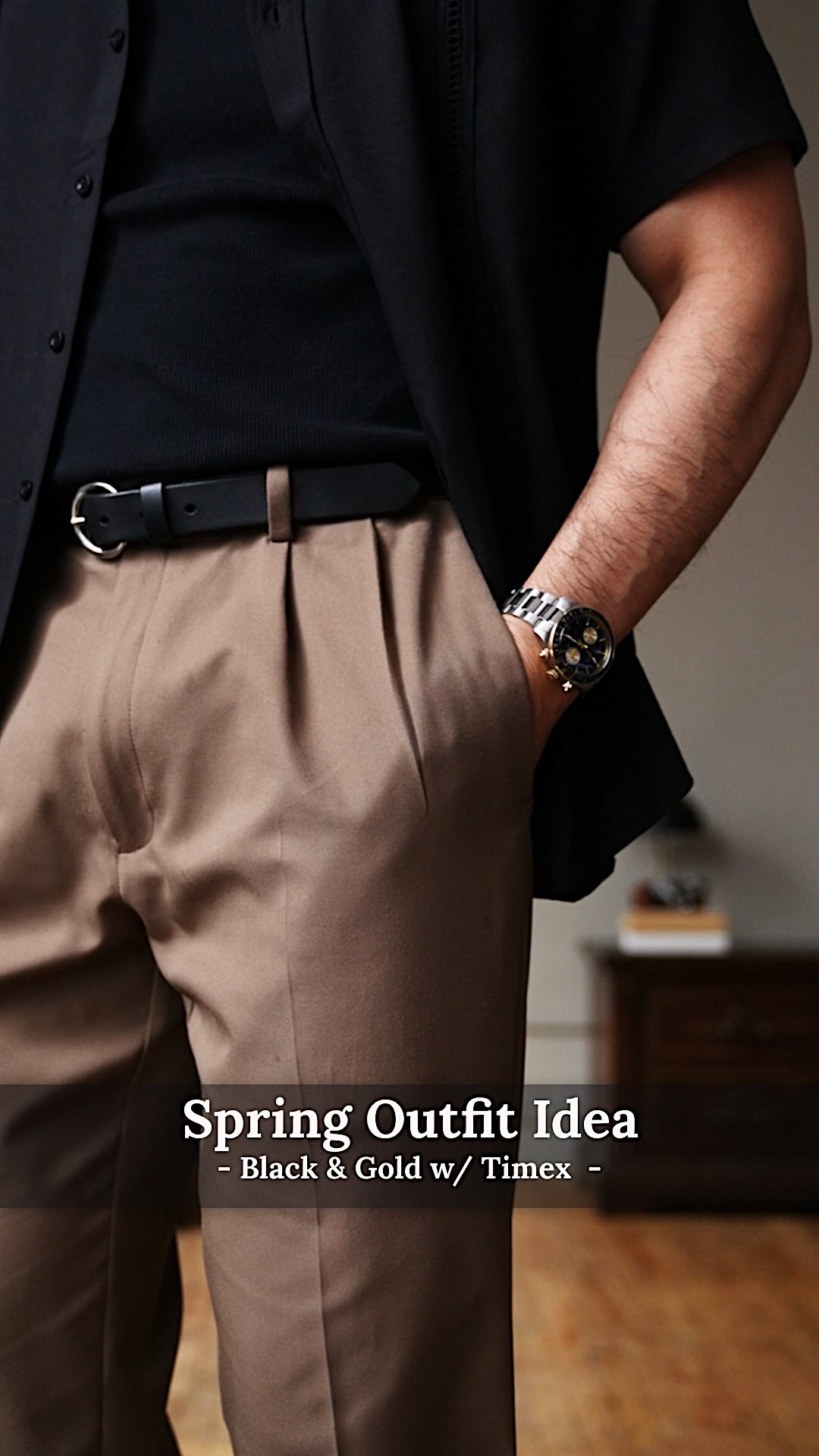 Instagram post by @randallwestmore for Timex. Caption reads: Spring Outfit Idea: @timex Black & Gold....