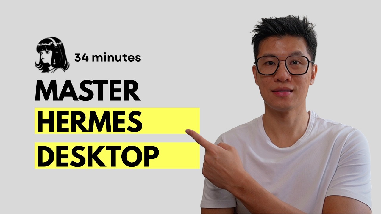 YouTube post by @krumjahn for Hostinger Academy. Caption reads: Master Hermes Desktop in 34 mins.