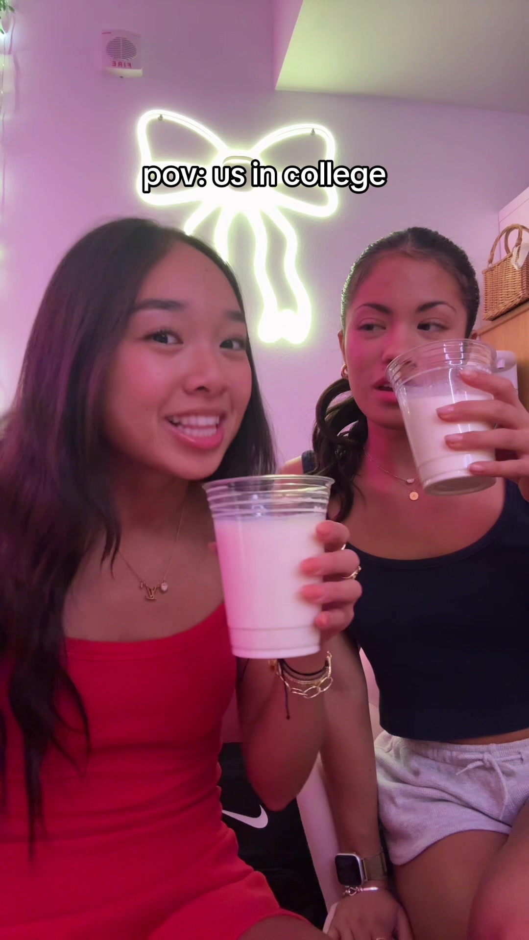 TikTok post by @nicolelaeno for gonnaneedmilk. Caption reads: Drinking milk in college for extra energy &....