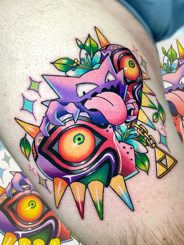 Instagram post by @deadpan_anne_tattoo for Barber DTS Tattoo Supplies. Caption reads: 💖Majora’s mask💖 I’ve always loved tattooing this....