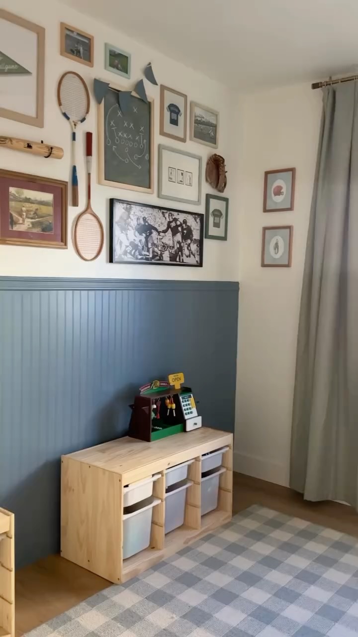 Instagram post by @lovealldesignco for Valspar. Caption reads: A vintage sports theme bedroom for my boys....