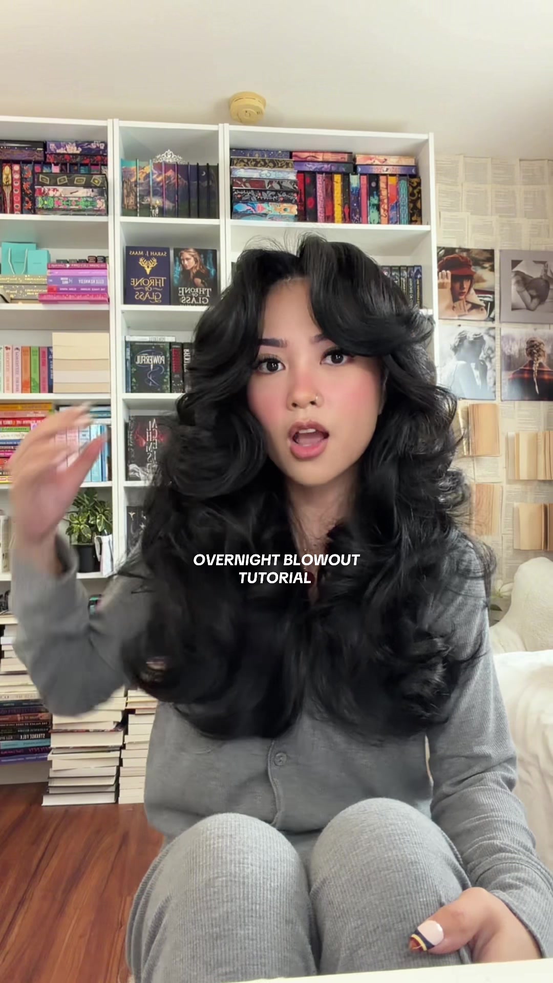 TikTok post by @readingslumped for OLAPLEX. Caption reads: easiest blow out everrr 🙂‍↕️ #overnightblowout....